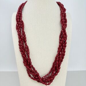 Red Multi Strand Beaded Torsade Necklace Faceted Rice Beads Brass Clasp